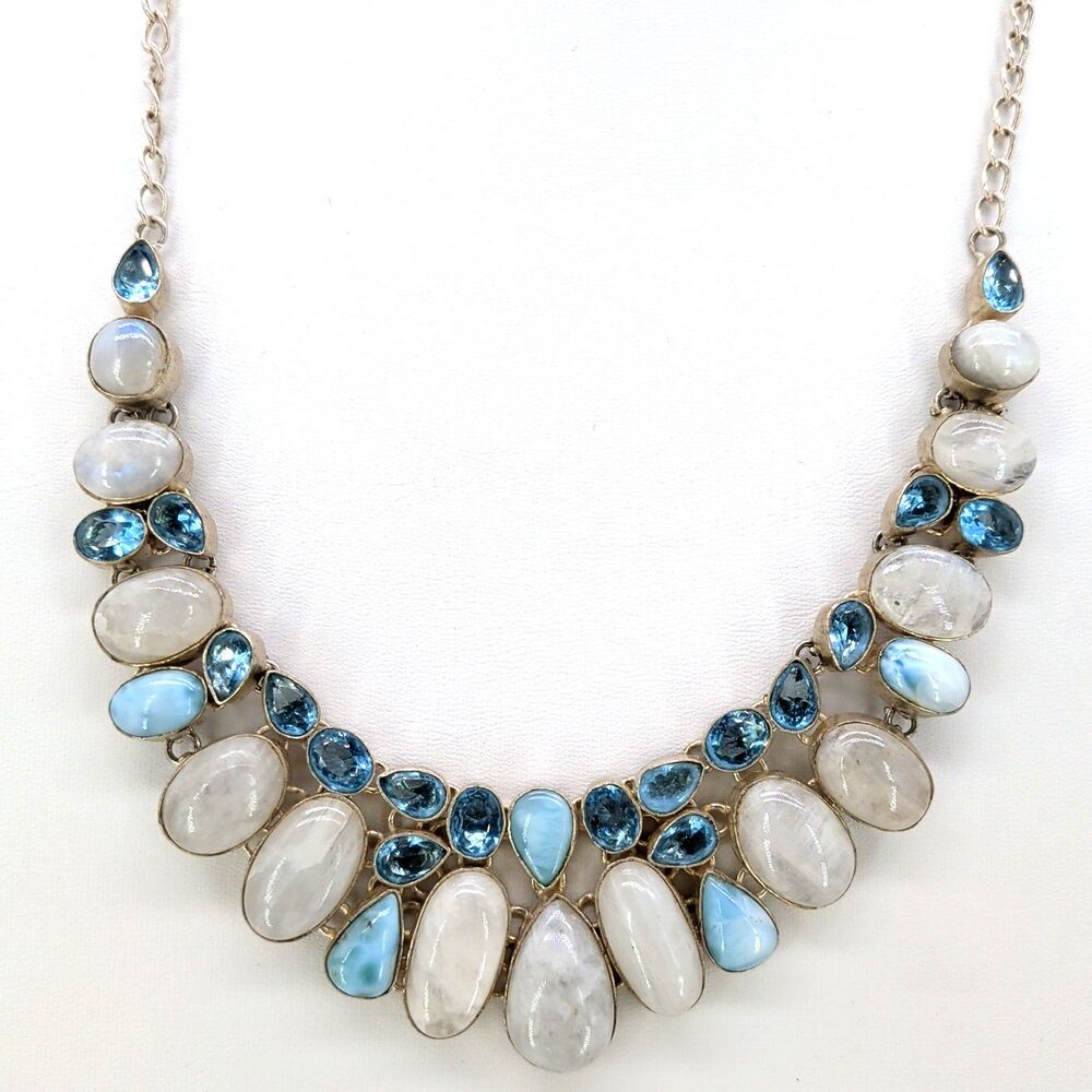 Unbranded Necklace Silver Bib Larimar Style Moonstone Look Quartz Tested 24in.